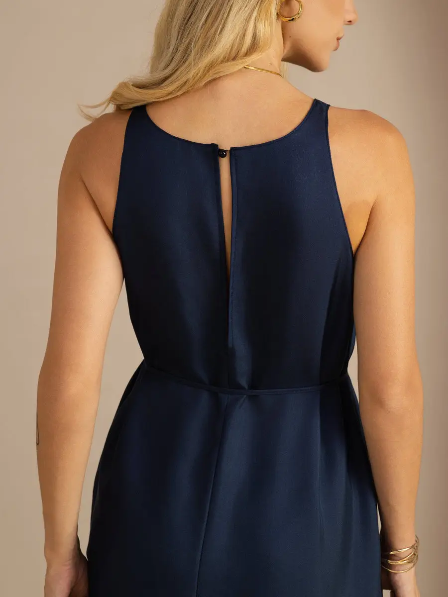 100% Mulberry Silk Crew Neck Sleeveless Self-Tie Midi Dress — view 6