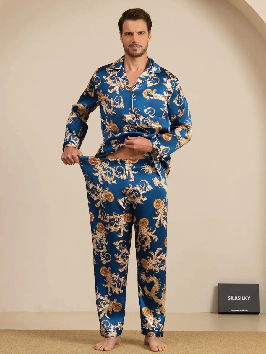 100% Mulberry Silk Men's Dragon Print Long Sleeve Notch Collar Pajamas Set — view 6